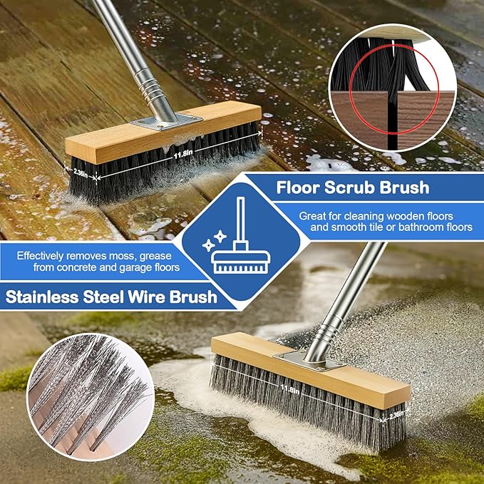 Floor Scrubber Brush, 3-in-1 Deck Brush Kit with Heavy Duty Stainless Steel Wire Scrub Brush, Floor Scrub Broom with 61" Long Handle & Crack Weeder Tool for Concrete Garden Garage