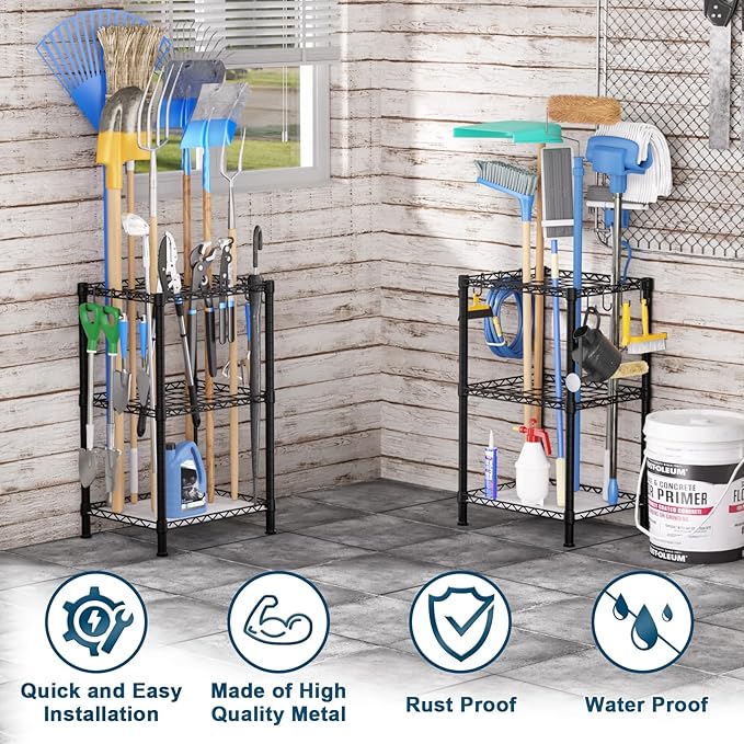 T2 Garden Tool Organizer（With Adjustable Shelf）Heavy Duty Garage Tool Storage for Yard，Shed，Outdoor and Lawn，Freestanding Tool Organizers and Storage UP to 45 Tools，Black with Anti-Tip Device