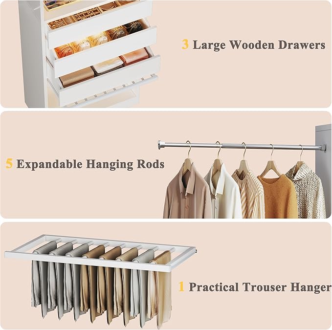 Closet System, 4-8FT Closet Organizer with 3 Wood Drawers & Glass Top, 102'' Walk in Closet with 5 Hang Rods & LED Lights & Trouser Rack, Built-in Wardrobe Clothes Rack with Shelves and Tower, White