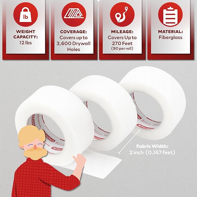 XFasten Drywall Repair Mesh Tape - 2-Inches x 90-Foot, Pack of 3, for Patching Holes and Cracks, Wall Repair Fiberglass Joint Tape, Spackle Tape