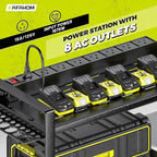 KAFAHOM Power Tool Organizer with Charging Station. 8 Drill Holder 3 Layers Tool Storage Shelf Wall Mount Built in 8 Outlet Power Strip.Tool Battery Holder with Screwdriver/Hammer