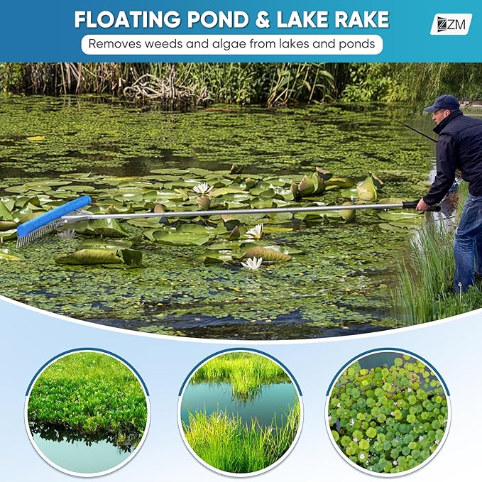 Floating Weed Lake Rake, 36" Aluminum Landscape Rake with Adjustable Handle, 33FT Rope & Float, Weed & Algae Removal of Leaves, Floating Scum, Multifunctional Detachable Aquatic Weed Rake with Gloves