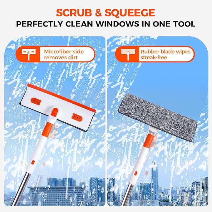 Professional Window Squeegee 2-in-1, Window Cleaner with 55" Extension Pole, Premium Squeegee for Window Cleaning, Streak-Free Window Cleaning Kit for High Windows, Shower Glass, Car Windshield