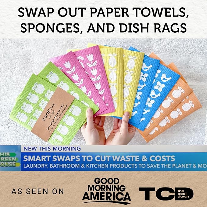 Nordhus Design Swedish Dishcloths,10 Cloths, Made in Sweden - Reusable, Washable Cellulose Cotton Kitchen Cloths - Replace Paper Towels, Wipes, Sponges, Dish Rags