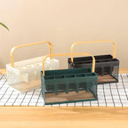 Utensil Caddy Metal Mesh Silverware Cutlery Organizer Basket with Bamboo Handle, Multi-Purpose Steel Wire Caddy 6 Compartment Flatware Basket for Kitchen, Countertop, Picnic, Restaurant, White