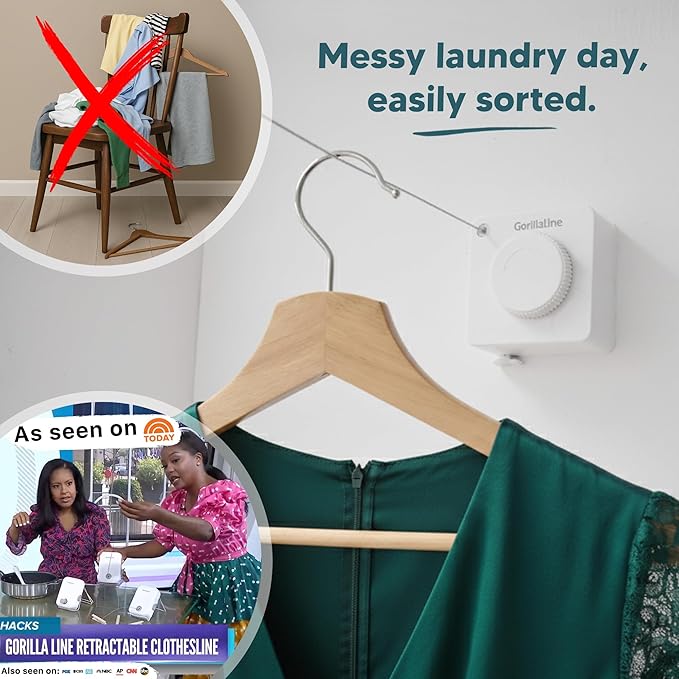 GorillaLine Basic - Retractable Clothesline Indoor Outdoor Clothes Line - Heavy Duty Clothes Drying Laundry Line - Wall Mounted Drying Rack - Air Dry Clothing - 15ft line Max Tighten with GorillaGrip