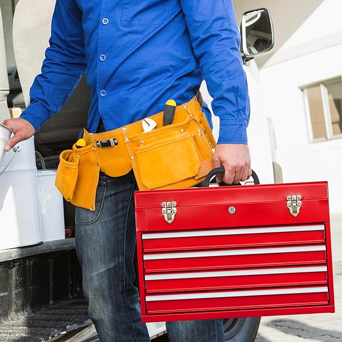Tool Chest Cabinet, Large Capacity Metal Tool Box with Wheels and Cylinder Locking, Roll Around Storage Organizer Tool Cart for Garage, Redtool cabinets on Wheels (Red, 4-Drawer)