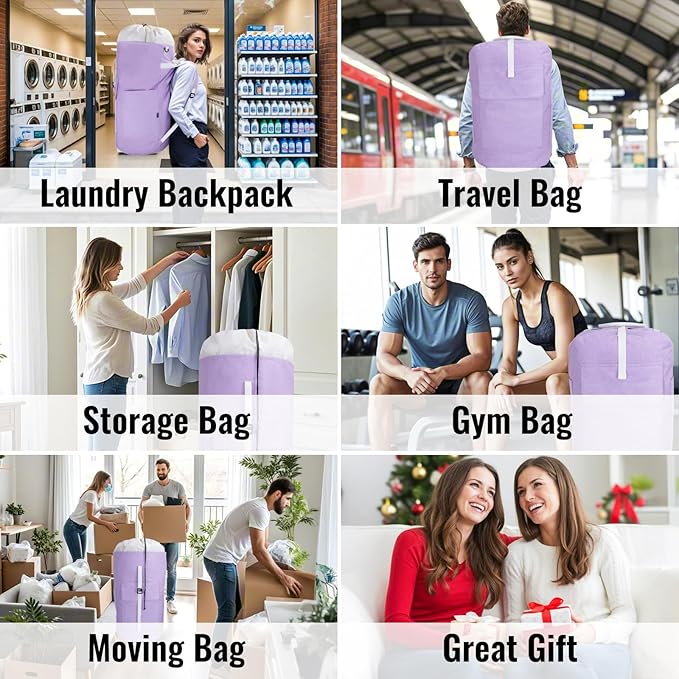 Laundry Bag Backpack, 125L Extra Large Travel with Shoulder Straps, Adjustable & Extendable Design, Laundry Hamper Bag with 3 Pockets for Laundromat, College, Travel, Camping (Purple)