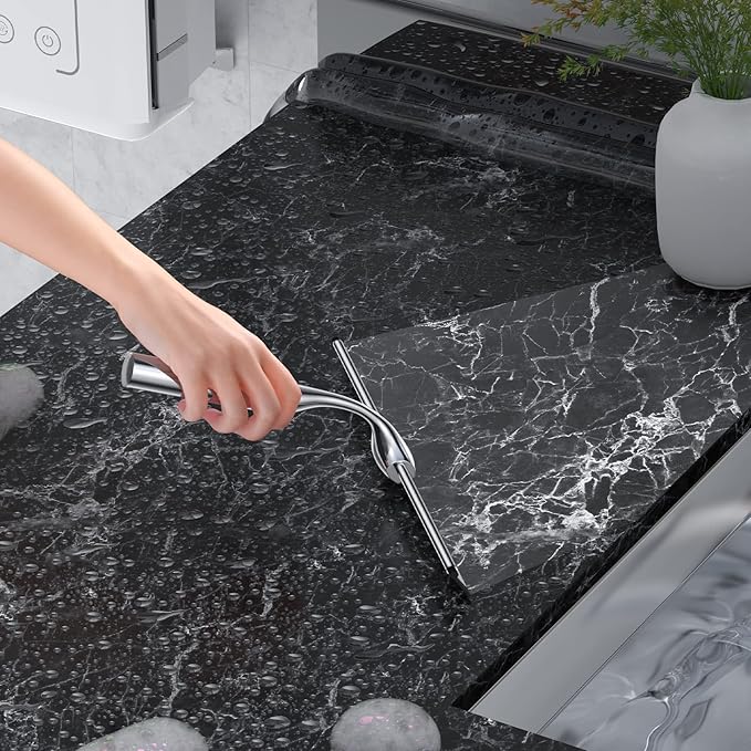 Shower Squeegee for Glass Door 12-Inch Stainless Steel Bathroom Squeegee Window Wiper, Includes Shower Door Hook, Adhesive Hook, and Spare Silicone Blade for Window Mirror Car All-Purpose Squeegee