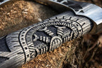 SHINY CRAFTS Viking Axe - 27" Helm of Awe Carved Axe with Engraving, Medieval Tomahawk, Genuine Leather Sheath (SCA-11)