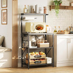 Huuger 4-Tier Bakers Rack with Reversible Power Outlet, 23.6 Inch Microwave Stand, Kitchen Bar, with Top Shelf, 6 S Hooks, Greige