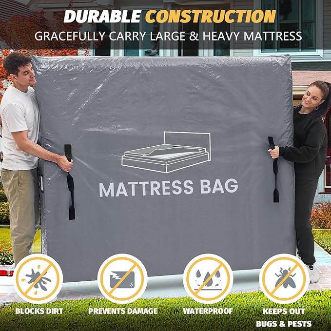 Mattress Bags for Moving and Storage, BETU Queen Mattress Protector Waterproof Mattress Cover with 8 Heavy Duty Handles and Zipper Extra Thick Moving Supplies for Bed Reusable (82x62x13.5 Grey)