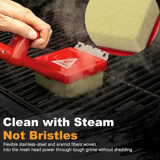 BBQ Grill Cleaner Brush, EEFINITE Steam Grill Brush for Outdoor Grilling with Replacement Scrub Sponge + Superior Scraper, Safe No Wire Bristle Barbecue Scrubber Brush for Grills Cleaning Tool