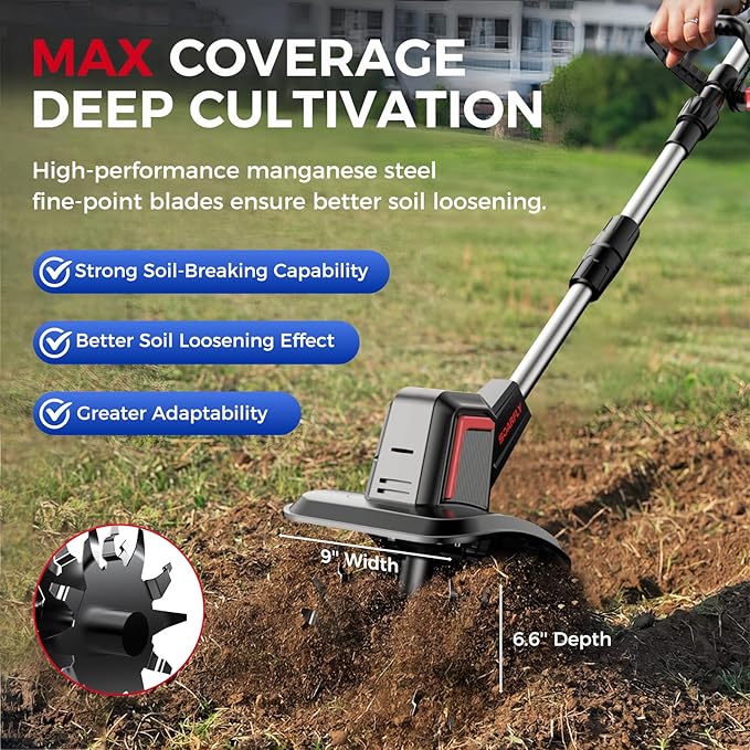 Upgraded Cordless Electric Tiller for Gardening, Total 8.0Ah Battery Powered Mini Cultivator with 2×4.0AH Batteries, 9" Width, 6.6" Depth, 48 Steel Tines Rototiller for Soil Cultivation