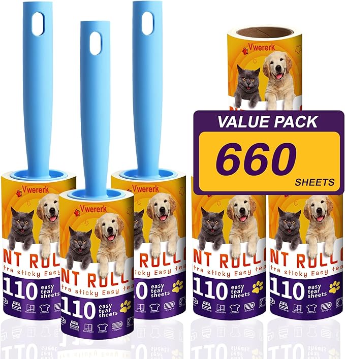 Lint Rollers for Pet Hair Extra Sticky, 660 Sheets Value Set/6 Lint Roller Refills with 3 Durable Handles, Pet Hair Roller for Clothes, Furniture, Carpet