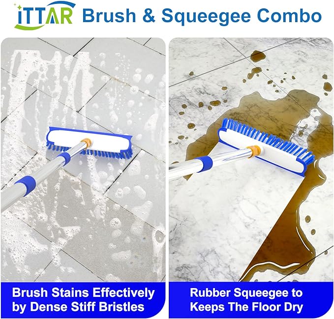 ITTAR 12" Wide Floor Scrub Brush with Long Handle, 2-in-1 Deck Cleaning Brush with 55" Extendable Pole, Heavy-Duty Tub Tile Scrubber Cleaner Brush for Shower Floor, Kitchen, Patio, Garage, Restaurant
