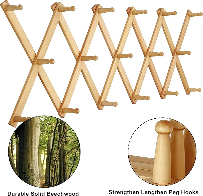 Dseap Accordian Wall Hanger: 16” High Wooden Wall Expandable Coat Rack, Hat Rack Holder, Accordion Hook for Baseball Caps, Coats, Mugs, 17 Peg Hooks, Natural