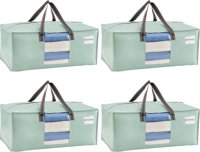 VENO 4 Pack Moving Bags for College, Heavy-Duty Storage Totes, Moving Boxes and Wardrobe Packing Supplies Alternative - Extra Large Durable Laundry Bags for Clothes (Shiny Light Green, 4 Pack)