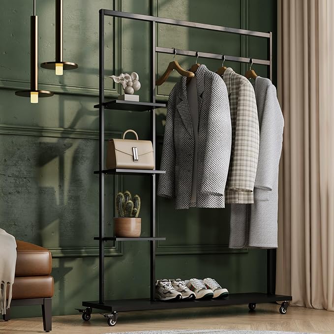 Clothing rack with shelves,Heavy Duty clothes rack with wheels,Rolling Garment Rack for hanging clothes with 4 flank Shelves,Portable Wardrobe Closets Organizer for Bedroom/Boutique/Cloakroom