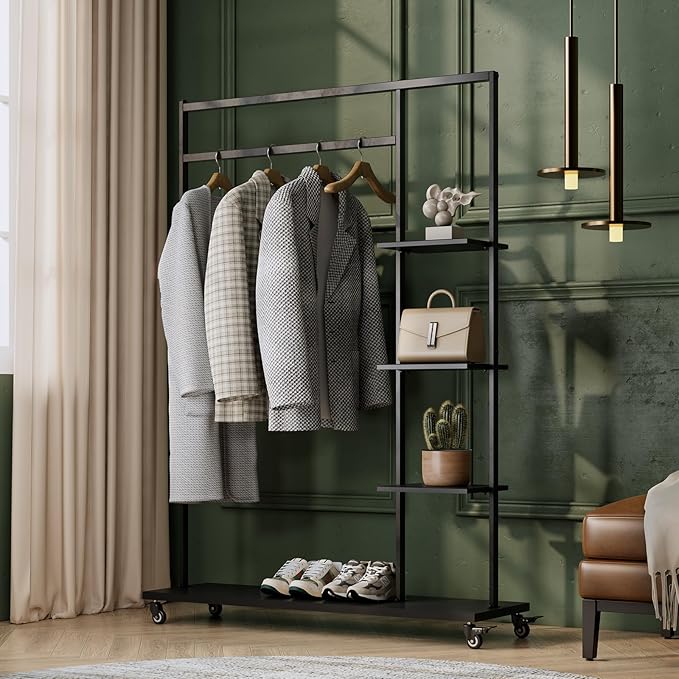 Clothing rack with shelves,Heavy Duty clothes rack with wheels,Rolling Garment Rack for hanging clothes with 4 flank Shelves,Portable Wardrobe Closets Organizer for Bedroom/Boutique/Cloakroom