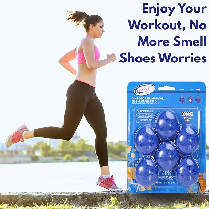 Air Jungles Shoe Deodorizer Balls 6 Ct, Ocean Scent, Odor Remover Balls for Sneakers, Gym Bags, Lockers, Closets, Hampers, and Drawers, Essential Oil Provides Natural Freshness