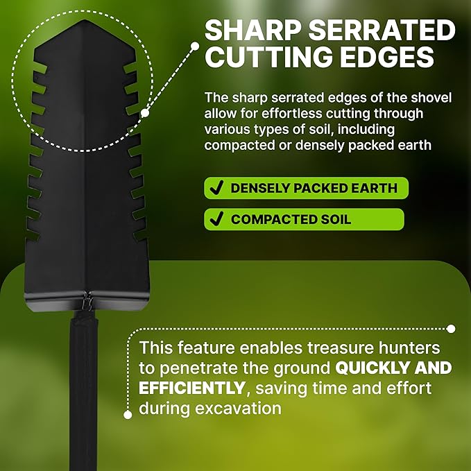 CKG Metal Detecting Shovel Digging Tool with Double Serrated Blade – Heavy Duty Digger Garden Root Cutter T-Handle Spade Professional Metal Detector Accessories, Single