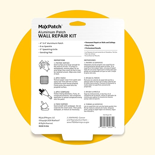 MaxPatch® Drywall Repair Kit, 4-Piece Set – Includes Self-Adhesive Aluminum Patch, 8 oz Spackle, 100% Recycled 3" Putty Knife, and Sanding Sponge – Multi-Purpose Wall Repair for Drywall, Plaster