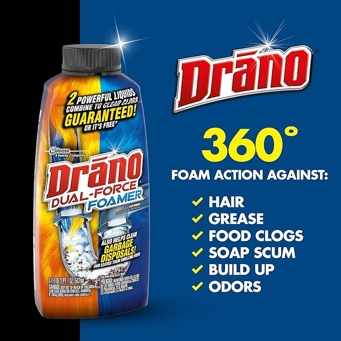 Drano Dual-Force Foamer Drain Clog Remover and Cleaner for Shower or Sink Drains, Unclogs and Removes Sources of Odor, 17 Fl Oz
