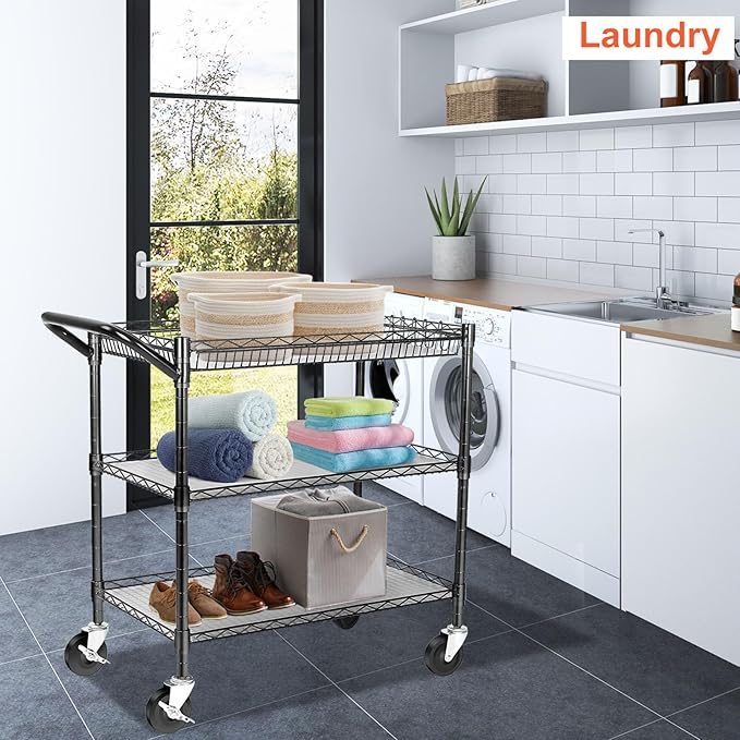 Heavy Duty Utility Cart, 990Lbs Capacity 3 Tier Rolling Carts with Wheels, Kitchen Cart on Wheels with Storage, Commercial Grade Metal Serving Carts with Wire Shelving &Handle Bar, Black