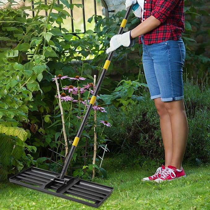 Lawn Leveling Rake, 30 Inch Heavy Duty Lawn Leveler with Adjustable Handle, Yard Soil Grass Dirt Leveling Rake Ground Level Tool (5FT)