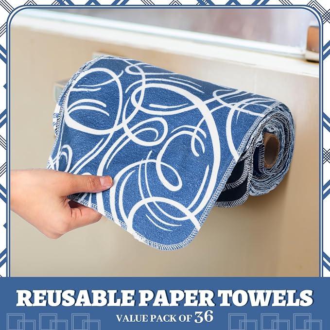 36 Count Reusable Cleaning Cloths Washable Cotton Kitchen Towels for Home(Geometric Style,Blue)