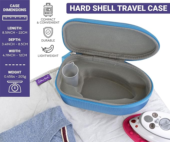 The Quilted Bear Mini Steam Iron - Lightweight Mini Travel Iron for Effortless Quilting & Wrinkle-Free Clothes with Hard Shell Case - Travel Steamer Craft Press for Clothes & Crafts (Blue)