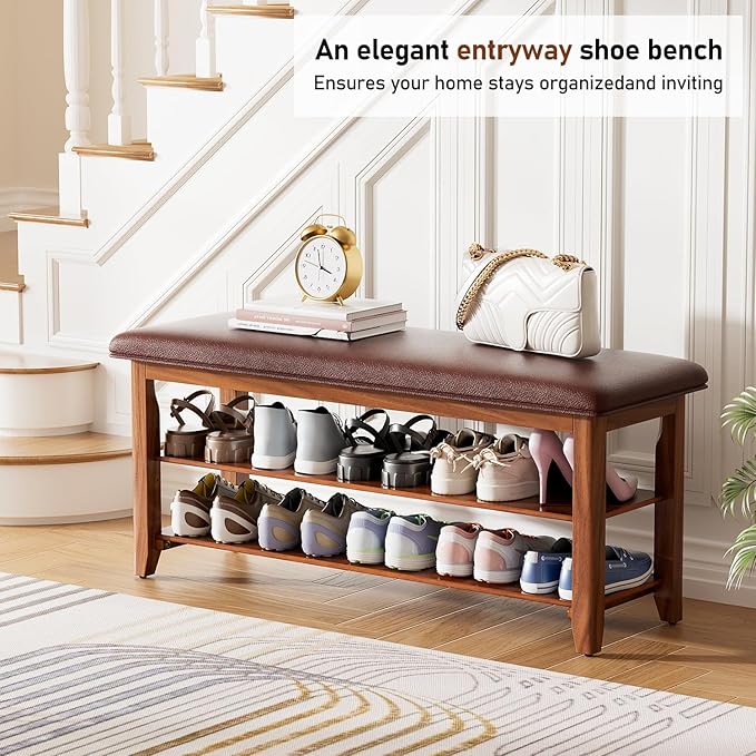Shoe Bench with Leather Cushion, Shoe Organizer Bench for Entryway, Rubberwood Entryway Bench for Hallways, Front Doors, Entrances, Mudrooms (Two Floors, 39.4)