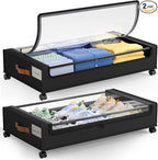 LAMU Under Bed Storage with Wheels, 2 Pack Under Bed Storage Containers with Clear Lid, XXL 60L Underbed Storage Bins, Rolling Under Bed Metal Drawers for Clothes, Blankets, Shoes, Black