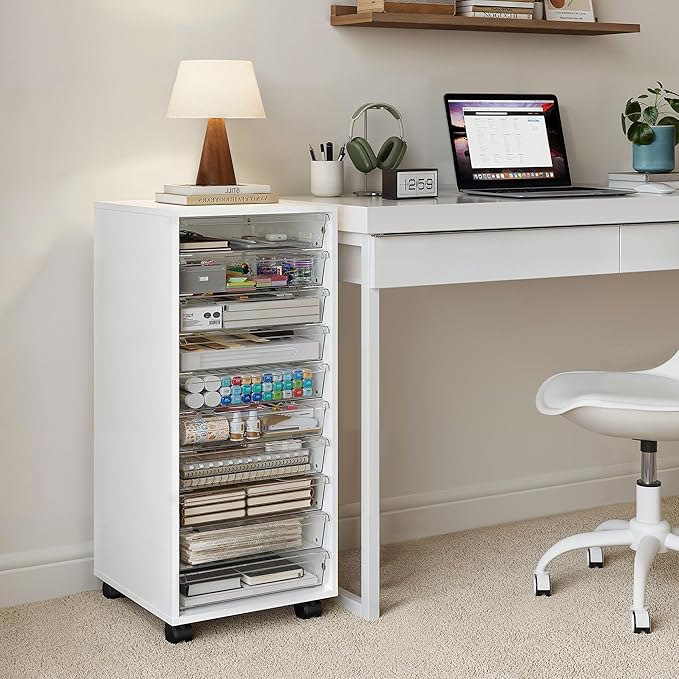 WOPITUES Plastic Storage Drawer Cart, Makeup Organizer and Storage with 10 Large Clear Drawers, Utility Wooden Rolling Cart on Wheels, for Cosmetic, Art Craft, Parts, Office Supplies, Toy, White