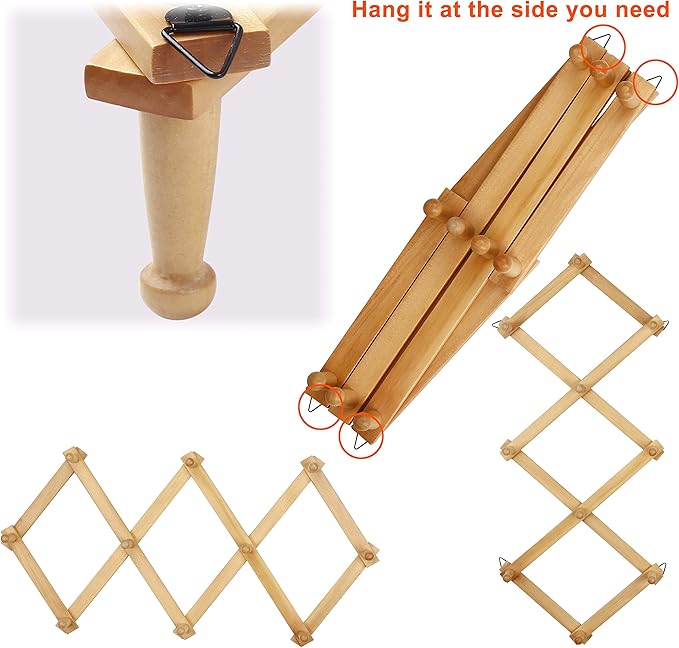 Dseap Accordian Wall Hanger: 16” High Wooden Wall Expandable Coat Rack, Hat Rack Holder, Accordion Hook for Baseball Caps, Coats, Mugs, 10 Peg Hooks, Natural