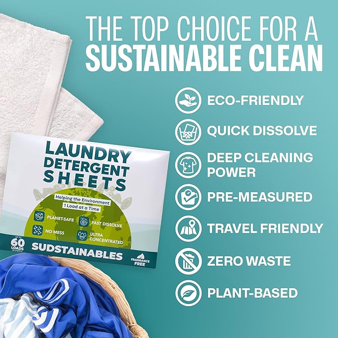 Sudstainables Laundry Detergent Sheets (60 Loads) – Eco-Friendly, Zero Waste, Plastic-Free Laundry Washing Machines Soap Sheets; Dissolvable, Space-Saving Strips for Travel (Unscented)