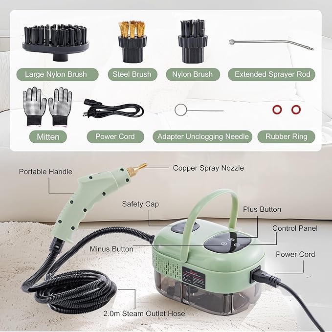 Handheld Steam Cleaner,Steam Cleaner with Smart Touch Screen, High Pressure Steamer,15sec Heat-up Deep Cleaning Steamer(Green), for Kitchen,Bathroom,Furniture,Car,Grout,Tile and More