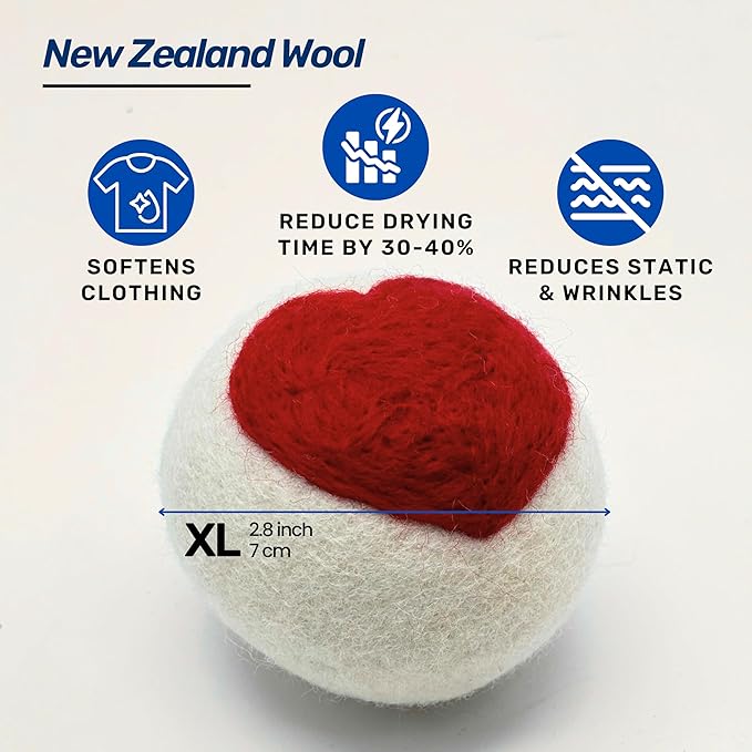 Dryer Ball Kit: 6 XL Wool Dryer Balls - Natural Fabric Softener, Reusable, Reduces Clothing Wrinkles and Saves Drying Time - Reduces Wrinkles and Saves Drying Time (6pcs Wool Dryer Ball) (White)