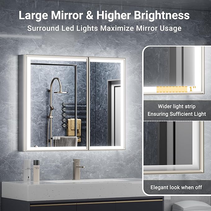 36x30 Lighted Medicine Cabinet with Mirror, Beveled Brushed Nickel Framed Surface or Recessed Fogless Dimmable LED Medicine Cabinet with Lights, Outlet, Time Display and Sensor Inner Light
