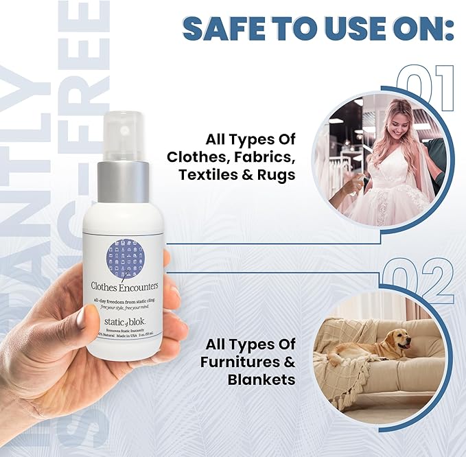 Anti-Static Spray for Clothes - Instantly Eliminate Static Cling, Flyaways, and Shocks from Clothes, Fabrics, Linens, Blankets & Rugs- All-Natural Formula - Lasts All Day- 2oz Travel Size
