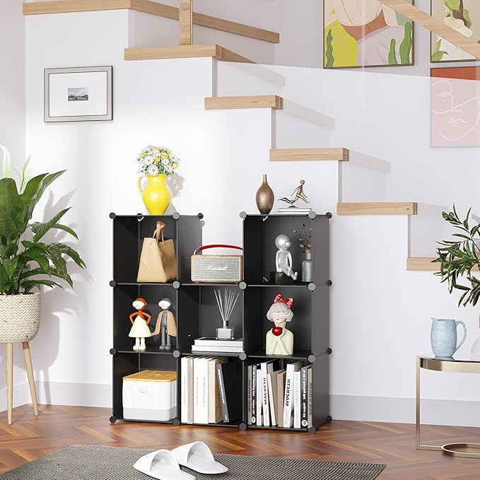 C&AHOME Cube Storage, 9-Cube Bookshelf, Plastic Closet Cabinet Organizer, DIY Stackable Bookcase, Modular Shelving Units Ideal for Home, Office, Kids Room, 36.6" L x 12.4" W x 48.4" H Black SHS3009A