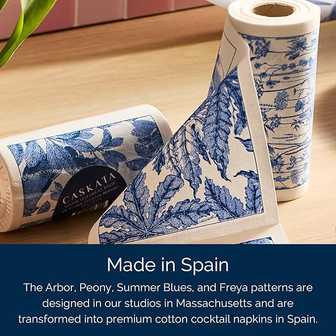 Botanicals Cocktail Napkin Roll of 50 | 100% Cotton Quick Dry Reusable | Perfect for Home, Dining, Birthday, Gifts | Blue and White, 4.5W X 4.5L