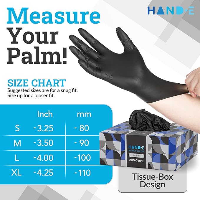 Hand-E Touch Black Nitrile Disposable Latex Free & Powder Free Gloves - 200 Count, Medium - BBQ, Tattoo, Hair Dye, Cooking & Mechanic Gloves