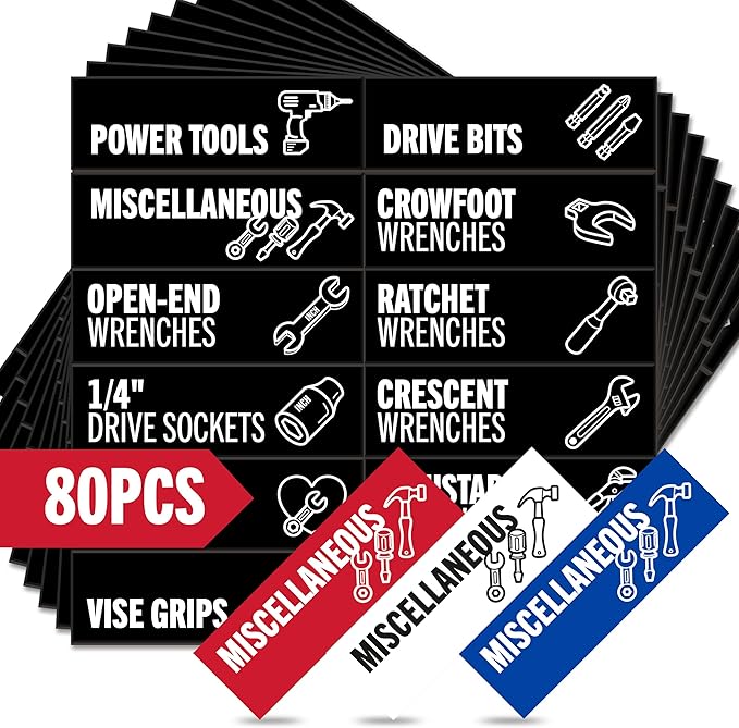 Toolbox Organization Magnetic Labels-80 Large Tool Chest Organizer Labels-Strong Magnets-Fits All Brands of Steel Tool Box Drawers(Black 3.125x1.0 in)