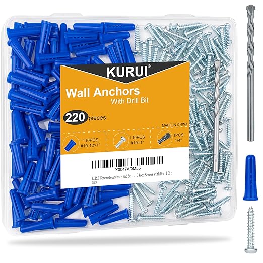 KURUI #10-12 Wall Anchors and Screws Kit, 220PCs Drywall Anchors for Drywall Brick Masonry Stucco Concrete, 110 Plastic Concrete Anchors and 110 Wood Screws, Drywall Anchors for Picture, Curtain Rod