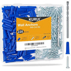 KURUI #10-12 Wall Anchors and Screws Kit, 220PCs Drywall Anchors for Drywall Brick Masonry Stucco Concrete, 110 Plastic Concrete Anchors and 110 Wood Screws, Drywall Anchors for Picture, Curtain Rod