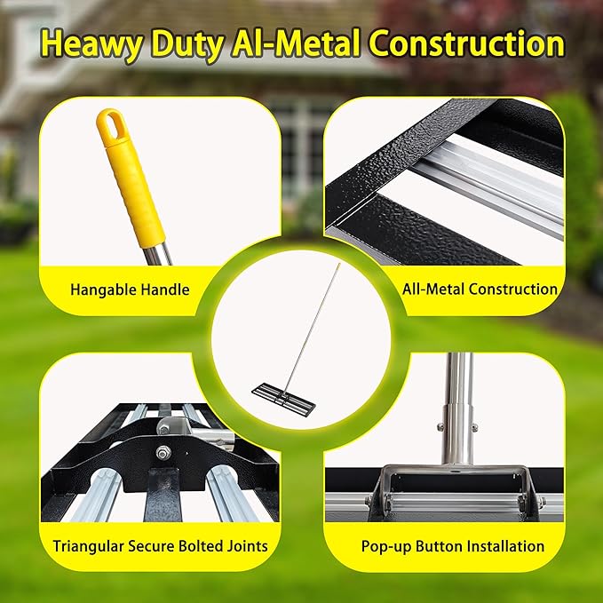30"x10"Lawn Leveling Rake with Aluminum Rollers, Stainless Steel Yard Lawn Leveler Tool with Adjustable Long Handle, Yard Leveling Rake Suit, Levelawn Tool for Soil, Grass, Golf Course, Garden, Farm