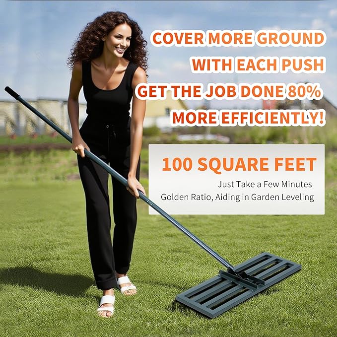 Lawn Leveling Rake,30"x10" Heavy-Duty Steel Lawn Leveler with 84" Anti-Slip Handle, Yard Leveling Rake Perfect for Garden, Backyard, Golf Course, Farm & Landscaping