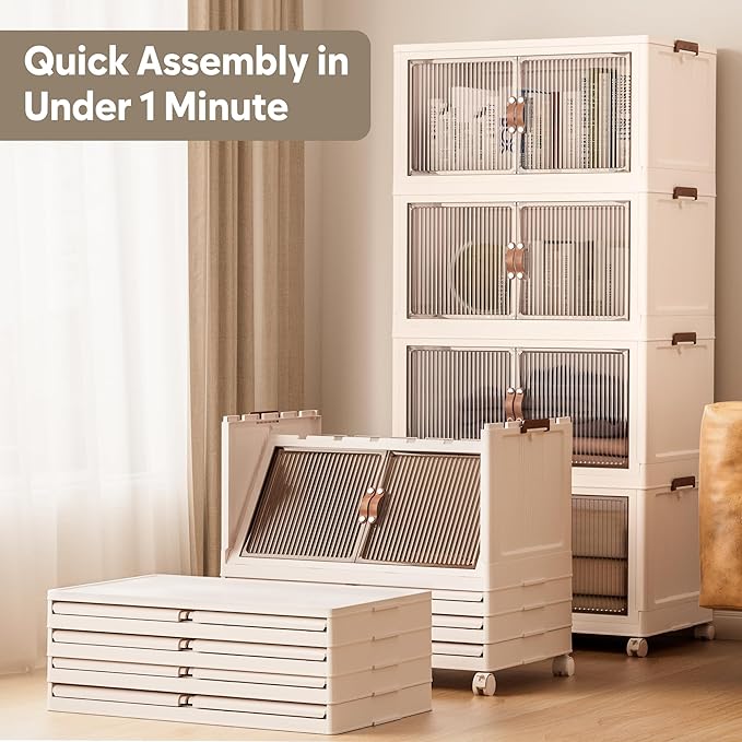 Jalove 120Gal Large Storage Bins with lids, 480QT Plastic Stackable Storage Containers with Wheels, Collapsible Closet Organizer and Storage Drawers,Clothes Organization for Cabinet Home, 4Pack White